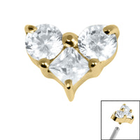 Titanium Claw Set CZ Trio Jewelled Heart for Internal Thread shafts in 1.2mm