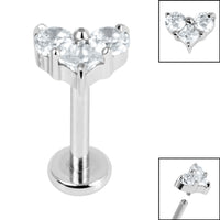 Titanium Internally Threaded Labrets 1.2mm - Titanium Claw Set CZ Trio Jewelled Heart