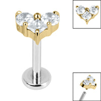 Titanium Internally Threaded Labrets 1.2mm - Titanium Claw Set CZ Trio Jewelled Heart