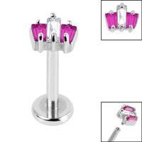 Titanium Internally Threaded Labrets 1.2mm - Steel Claw Set CZ 3 Jewelled Baguette Fan