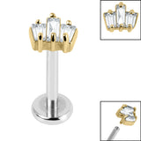 Titanium Internally Threaded Labrets 1.2mm - Gold Steel Claw Set CZ 3 Jewelled Baguette Fan