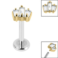 Titanium Internally Threaded Labrets 1.2mm - Gold Steel Claw Set CZ 3 Jewelled Baguette Fan