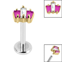 Titanium Internally Threaded Labrets 1.2mm - Gold Steel Claw Set CZ 3 Jewelled Baguette Fan