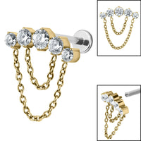 Titanium Internally Threaded Labrets 1.2mm - Titanium Double Chain Floating 5 Jewelled Curve