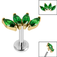 Titanium Internally Threaded Labrets 1.2mm - Gold Titanium Claw Set 4 CZ Jewel Marquise Fan