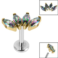 Titanium Internally Threaded Labrets 1.2mm - Gold Titanium Claw Set 4 CZ Jewel Marquise Fan