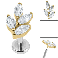 Titanium Internally Threaded Labrets 1.2mm - Gold Titanium Claw Set Marquise Jewelled Leaf
