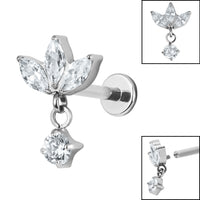Titanium Internally Threaded Labrets 1.2mm - Titanium Marquise Triple Jewelled Fan with Solitaire
