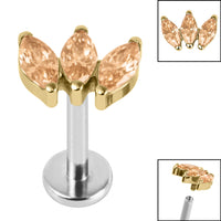 Titanium Internally Threaded Labrets 1.2mm - Gold Titanium Claw Set 3 CZ Jewel Marquise Fan