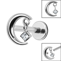 Titanium Internally Threaded Labrets 1.2mm - Titanium Crescent Moon and Dangle Jewel