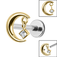Titanium Internally Threaded Labrets 1.2mm - Titanium Crescent Moon and Dangle Jewel