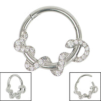 Titanium Pave Set Jewelled Coiled Snake Hinged Clicker Ring