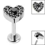 Titanium Internally Threaded Labrets 1.2mm - Titanium Jewelled Heart with Pave Set Edge