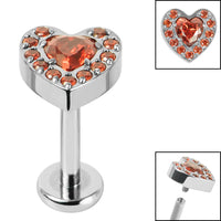 Titanium Internally Threaded Labrets 1.2mm - Titanium Jewelled Heart with Pave Set Edge