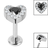 Titanium Internally Threaded Labrets 1.2mm - Titanium Jewelled Heart with Pave Set Edge