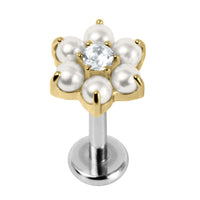 Titanium Internally Threaded Labrets 1.2mm - Titanium Claw Set Pearl Primrose Flower