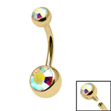 Gold Titanium Internal Thread Bezel Set Double Jewelled Belly Bar