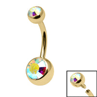 Gold Titanium Internal Thread Bezel Set Double Jewelled Belly Bar