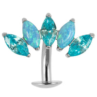 Titanium Threadless Floating Navel Bar - Titanium Claw Set 5 Opal and Jewel Marquise Fan 1.6mm