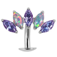Titanium Threadless Floating Navel Bar - Titanium Claw Set 5 Opal and Jewel Marquise Fan 1.6mm