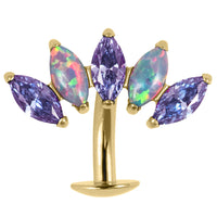 Titanium Threadless Floating Navel Bar - Titanium Claw Set 5 Opal and Jewel Marquise Fan 1.6mm
