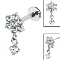Titanium Internally Threaded Labrets 1.2mm - Titanium Jewelled Primrose Flower with Solitaire Drop