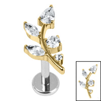 Titanium Internally Threaded Labrets 1.2mm - Titanium Claw Set Jewelled Leaf Vine