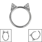 Titanium Jewelled Kitty Cat Ears Hinged Clicker Ring
