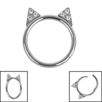 Titanium Jewelled Kitty Cat Ears Hinged Clicker Ring