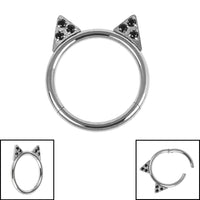 Titanium Jewelled Kitty Cat Ears Hinged Clicker Ring