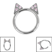 Titanium Jewelled Kitty Cat Ears Hinged Clicker Ring