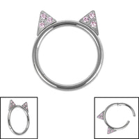Titanium Jewelled Kitty Cat Ears Hinged Clicker Ring
