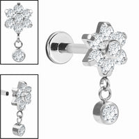 Titanium Internally Threaded Labrets 1.2mm - Titanium Jewelled Primrose Flower with Solitaire Drop