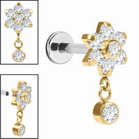 Titanium Internally Threaded Labrets 1.2mm - Titanium Jewelled Primrose Flower with Solitaire Drop