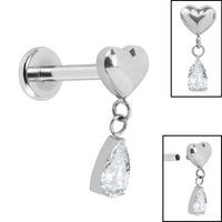 Titanium Internally Threaded Labrets 1.2mm - Titanium Heart with Teardrop Jewel
