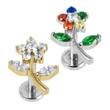 Titanium Internally Threaded Labrets 1.2mm - Claw Set Jewelled Blossom Flower