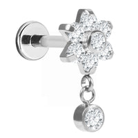Titanium Internally Threaded Labrets 1.2mm - Jewelled Primrose Flower with Solitaire Drop