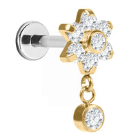 Titanium Internally Threaded Labrets 1.2mm - Jewelled Primrose Flower with Solitaire Drop