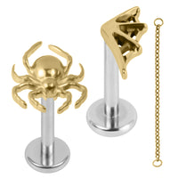 Gold Titanium Internal Thread Labrets 1.2mm - Wolf Spider VS Spider Web Halloween Chain Pack
