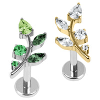 Titanium Internally Threaded Labrets 1.2mm - Claw Set Jewelled Leaf Vine