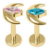 Gold Titanium Internally Threaded Labrets 1.2mm - Jewelled Trekking Crescent Moon