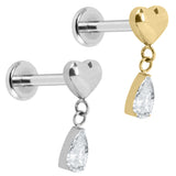 Titanium Internally Threaded Labrets 1.2mm - Heart with Teardrop Jewel