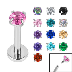 Titanium Internally Threaded Labrets 1.2mm - 3mm Titanium Claw Set Round CZ Jewel