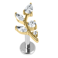 Titanium Internally Threaded Labrets 1.2mm - Claw Set Jewelled Leaf Vine