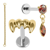 Titanium Internal Thread Labrets 1.2mm - Vampire Fangs VS Jewelled Solitaire with Marquise Drop Halloween Chain Pack