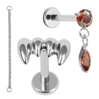 Titanium Internal Thread Labrets 1.2mm - Vampire Fangs VS Jewelled Solitaire with Marquise Drop Halloween Chain Pack
