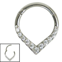 Steel Pave Set Jewelled V-Shape Hinged Segment Ring (Clicker)