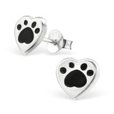 Sterling Silver Cute Heart with Paw Print Ear Stud Earrings