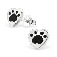 Sterling Silver Cute Heart with Paw Print Ear Stud Earrings