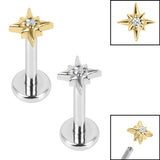 Titanium Internally Threaded Labrets 1.2mm - Steel Jewelled 8 Point Star